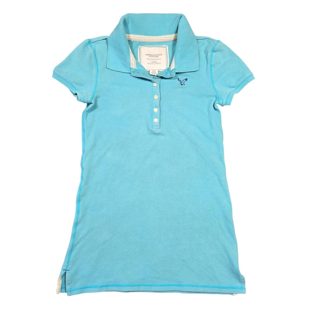 Vtg Y2k American Eagle Womens Polo‎ Shirt S Blue 2000s Low Rise Bratz Tight Cute